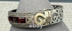 Vintage Sterling Silver Filigree Hinged Bracelet Red Glass Stones Art Deco Style