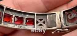 Vintage Sterling Silver Filigree Hinged Bracelet Red Glass Stones Art Deco Style