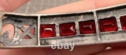 Vintage Sterling Silver Filigree Hinged Bracelet Red Glass Stones Art Deco Style