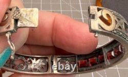 Vintage Sterling Silver Filigree Hinged Bracelet Red Glass Stones Art Deco Style