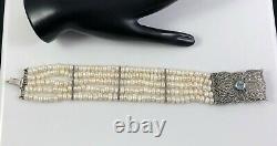 Vintage Sterling Silver Filigree Marcasite Clasp Five Strand Pearl Bracelet
