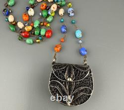 Vintage Sterling Silver Filigree Purse Pendant Necklace Lampwork Glass Beads 37