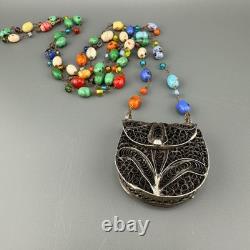 Vintage Sterling Silver Filigree Purse Pendant Necklace Lampwork Glass Beads 37