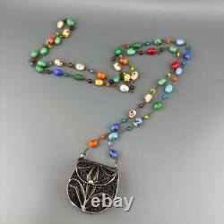 Vintage Sterling Silver Filigree Purse Pendant Necklace Lampwork Glass Beads 37