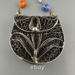 Vintage Sterling Silver Filigree Purse Pendant Necklace Lampwork Glass Beads 37