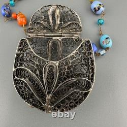Vintage Sterling Silver Filigree Purse Pendant Necklace Lampwork Glass Beads 37