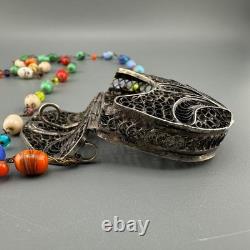 Vintage Sterling Silver Filigree Purse Pendant Necklace Lampwork Glass Beads 37