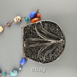 Vintage Sterling Silver Filigree Purse Pendant Necklace Lampwork Glass Beads 37