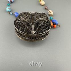 Vintage Sterling Silver Filigree Purse Pendant Necklace Lampwork Glass Beads 37