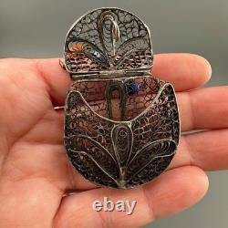 Vintage Sterling Silver Filigree Purse Pendant Necklace Lampwork Glass Beads 37