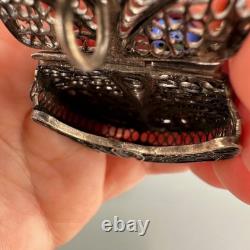 Vintage Sterling Silver Filigree Purse Pendant Necklace Lampwork Glass Beads 37