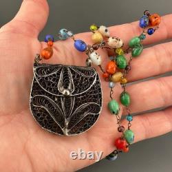 Vintage Sterling Silver Filigree Purse Pendant Necklace Lampwork Glass Beads 37