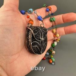 Vintage Sterling Silver Filigree Purse Pendant Necklace Lampwork Glass Beads 37