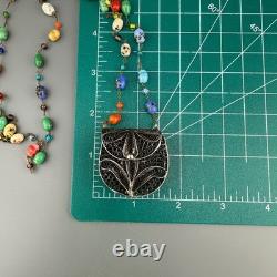 Vintage Sterling Silver Filigree Purse Pendant Necklace Lampwork Glass Beads 37