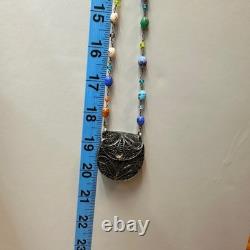 Vintage Sterling Silver Filigree Purse Pendant Necklace Lampwork Glass Beads 37