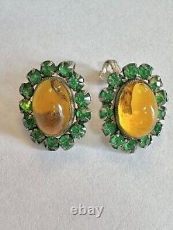 Vintage Sterling Silver Glass Cabochon & Rhinestone Clip-on Earrings