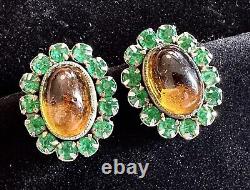 Vintage Sterling Silver Glass Cabochon & Rhinestone Clip-on Earrings