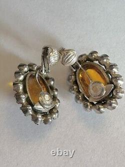 Vintage Sterling Silver Glass Cabochon & Rhinestone Clip-on Earrings
