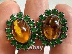 Vintage Sterling Silver Glass Cabochon & Rhinestone Clip-on Earrings
