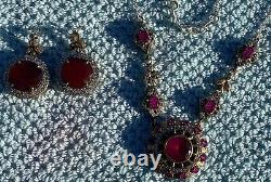 Vintage Sterling Silver Gold Plated Faux Ruby Pendant Necklace & Earrings