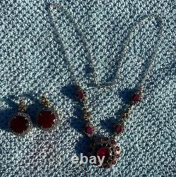 Vintage Sterling Silver Gold Plated Faux Ruby Pendant Necklace & Earrings