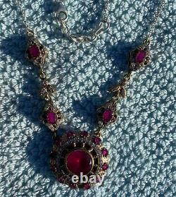 Vintage Sterling Silver Gold Plated Faux Ruby Pendant Necklace & Earrings