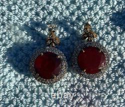 Vintage Sterling Silver Gold Plated Faux Ruby Pendant Necklace & Earrings