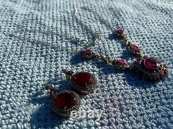 Vintage Sterling Silver Gold Plated Faux Ruby Pendant Necklace & Earrings
