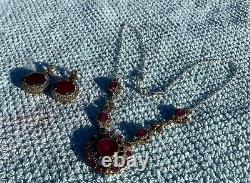 Vintage Sterling Silver Gold Plated Faux Ruby Pendant Necklace & Earrings