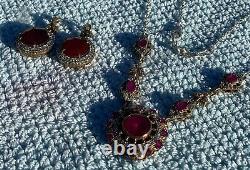 Vintage Sterling Silver Gold Plated Faux Ruby Pendant Necklace & Earrings