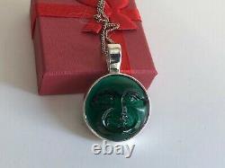 Vintage Sterling Silver & Green Glass Moon Face Pendant Necklace