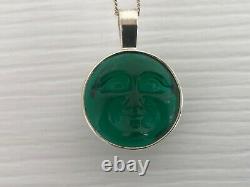 Vintage Sterling Silver & Green Glass Moon Face Pendant Necklace