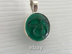 Vintage Sterling Silver & Green Glass Moon Face Pendant Necklace