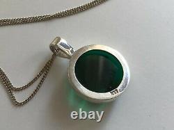 Vintage Sterling Silver & Green Glass Moon Face Pendant Necklace