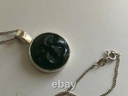 Vintage Sterling Silver & Green Glass Moon Face Pendant Necklace