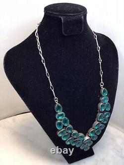 Vintage Sterling Silver Greenish Blue Glass Bib Necklace