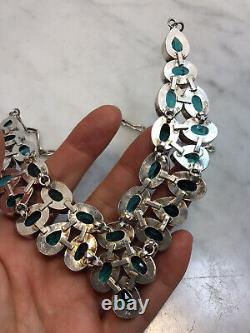 Vintage Sterling Silver Greenish Blue Glass Bib Necklace