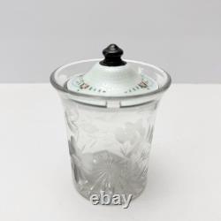 Vintage Sterling Silver Guilloche Enamel Roses Lid Etched Glass Condiment Jar