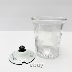 Vintage Sterling Silver Guilloche Enamel Roses Lid Etched Glass Condiment Jar