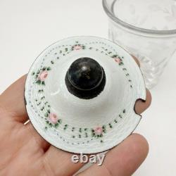 Vintage Sterling Silver Guilloche Enamel Roses Lid Etched Glass Condiment Jar