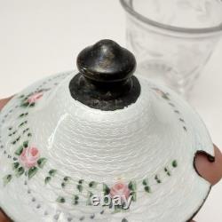 Vintage Sterling Silver Guilloche Enamel Roses Lid Etched Glass Condiment Jar