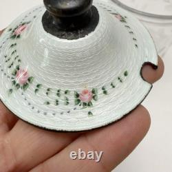 Vintage Sterling Silver Guilloche Enamel Roses Lid Etched Glass Condiment Jar