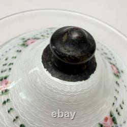 Vintage Sterling Silver Guilloche Enamel Roses Lid Etched Glass Condiment Jar