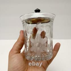 Vintage Sterling Silver Guilloche Enamel Roses Lid Etched Glass Condiment Jar