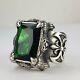 Vintage Sterling Silver Huge Green Faceted Glass Axes And Claws Ring Size 10.5