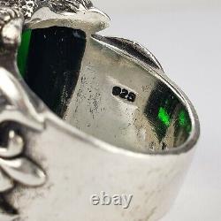 Vintage Sterling Silver Huge Green Faceted Glass Axes and Claws Ring Size 10.5