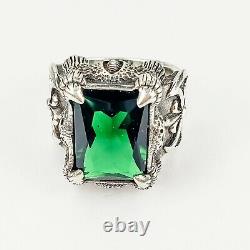 Vintage Sterling Silver Huge Green Faceted Glass Axes and Claws Ring Size 10.5