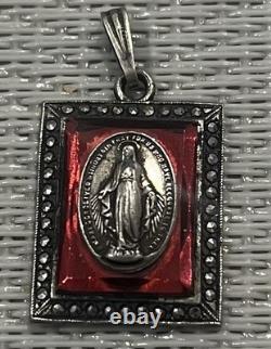 Vintage Sterling Silver, Marcasite, And Faceted Glass Miraculous Medal Pendant