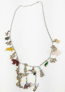 Vintage Sterling Silver Molded Glass Animal Stone Charm Necklace Chain Dogs