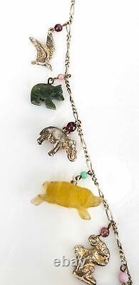 Vintage Sterling Silver Molded Glass Animal Stone Charm Necklace Chain Dogs